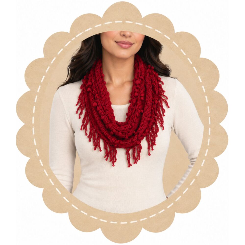 Britt's Knits Fringe Benefits Red Knit Infinity Scarf Cozy Chic Fringed NWT #20